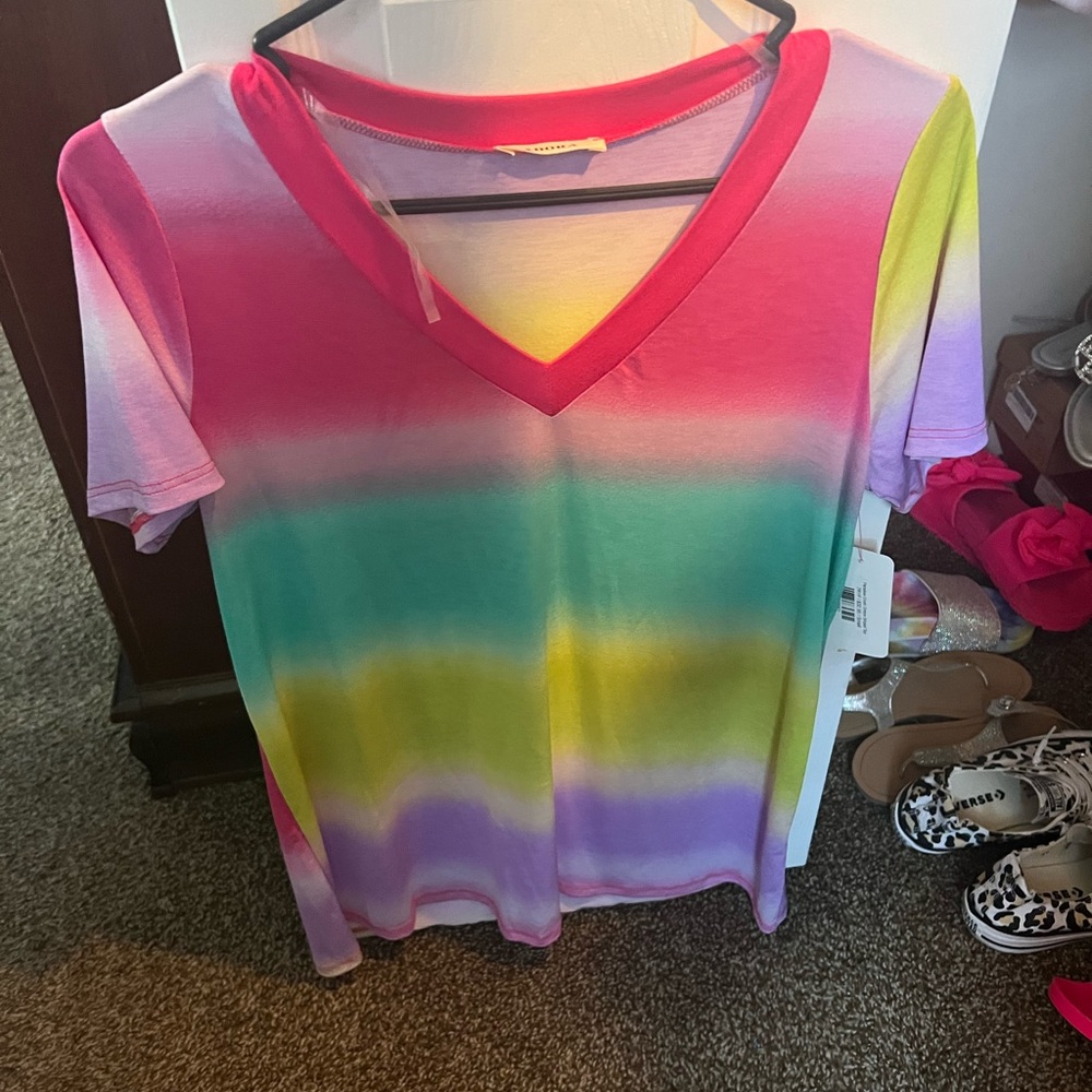 Tie dye striped top with hot pink